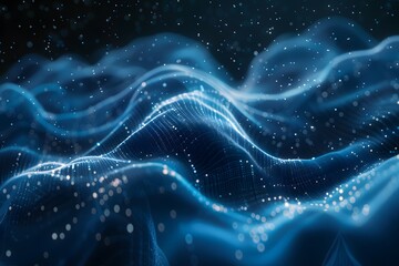 Poster - Ethereal Blue Waves of Light and Data Flowing in a Digital Landscape