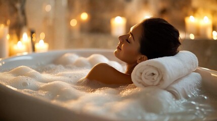 Poster - A woman reclines in a bubbling bathtub filled with foam, enjoying a moment of tranquility.