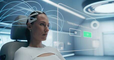 Poster - woman in a white top uses a neural headset to interact with a virtual interface displaying a questio