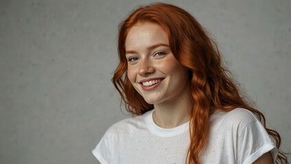 Wall Mural - Closeup of happy attractive young woman with long wavy red hair and freckles wears stylish t shirt looks happy and smiling isolated over white background