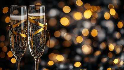 Glowing champagne flute in dark night, celebration success generated by AI