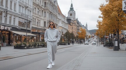 A model strolls confidently down a Paris street during fashion week, sporting a chic casual outfit of gray sweatpants and a loose sweatshirt