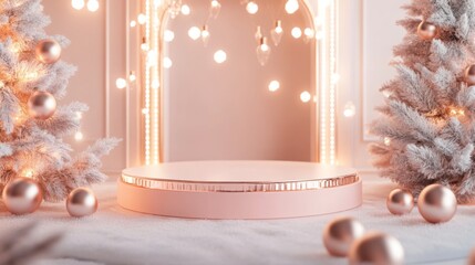 Poster - A beautifully arranged festive display features glowing trees adorned with ornaments, a circular platform, and soft lighting, creating a warm and inviting atmosphere perfect for holiday celebrations.
