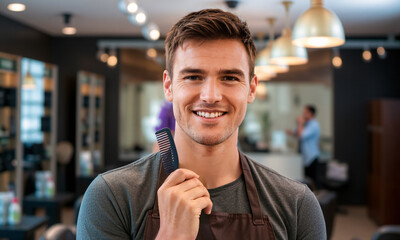 A cheerful male hairdresser with short hair and a stylish apron smiling broadly while holding a comb in one hand 