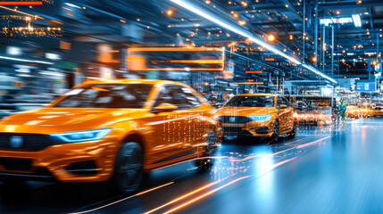 Fast moving cars in modern factory setting showcase integration of automation and technology in automotive production. vibrant orange vehicles highlight innovation and efficiency