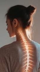 Poster - Young woman's highlighted spine shows back and neck pain struggles, emphasizing the importance of healthcare in addressing spinal discomfort
