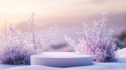 Aufkleber - In a tranquil winter setting, soft purple hues illuminate a circular platform surrounded by frosted plants. The serene atmosphere evokes calmness, highlighting the beauty of nature in winter.