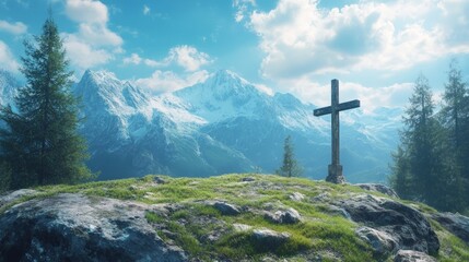 Majestic Holy Cross Amidst Towering Mountains, a serene landscape featuring a prominent cross set against a breathtaking mountain backdrop, evoking peace and spirituality.