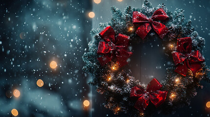 Wall Mural - Festive Christmas wreath adorned with red bows and glowing lights hangs on door, surrounded by softly falling snowflakes