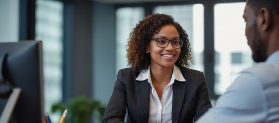 Friendly young businesswoman company executive interviewing black african male candidate for job vacancy, diverse business people meeting in office. Human resources, recruitment, employment concept