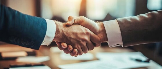 Two business professionals shaking hands in a modern office setting, symbolizing partnership and collaboration.