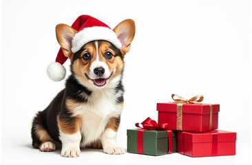 Wall Mural - Cute corgi puppy in a santa's hat with christmas gifts on a white background.  Ideal for christmas advertising of pet's shop, store, grooming, feed. Christmas greeting card. Copyspace