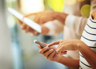 Poster - Business people, hands and typing with phone for social media, data sync or app interaction at office. Closeup, employees or users with mobile smartphone or technology for UI, UX or online browsing