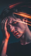 Wall Mural - Young man holding his head in pain, reflecting sadness and despair. Emotions show stress, anxiety, and suffering. Abstract red background conveys illness