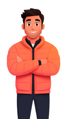 a friendly and approachable animated character wearing a bright orange jacket exuding confidence and