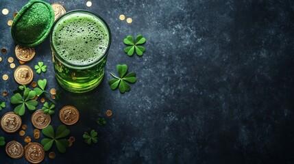 A festive scene featuring a green drink, shamrocks, and gold coins, celebrating St. Patrick's Day.