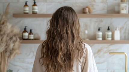 Poster - A woman with long, wavy hair faces away, enjoying a serene moment in a stylish bathroom adorned with natural beauty products on wooden shelves, embodying relaxation and self-care.