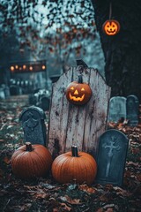 Sticker - Halloween pumpkins lighting up the cemetery at twilight