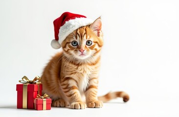 Wall Mural - Cute kitten in a santa's hat with christmas gifts on a white background.  Ideal for christmas advertising of pet's shop, store, grooming, feed. Christmas greeting card. Copyspace