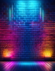 Modern futuristic neon lights on old grunge brick wall room background art, background wallpaper stone, brick wall pattern background with colorful futuristic neon lights, 3D rendering architecture, c