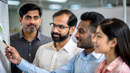 A diverse group of Indian professionals brainstorming ideas on a whiteboard.
