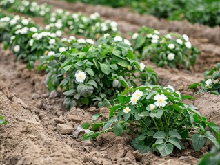 Fields of Blooming Potatoes: A Beautiful Display of White Flowers in Farmer's Field