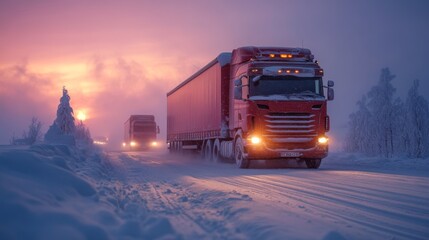 Two large trucks drive along a snowy highway at sunset, surrounded by a serene winter landscape, with colorful clouds illuminating the sky.