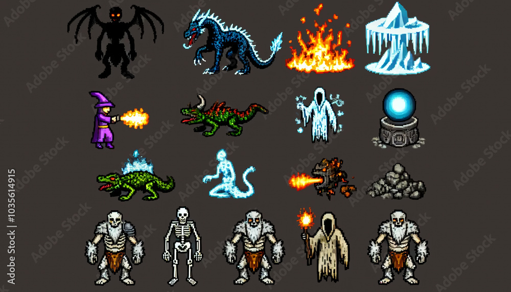 Ice Fire Power Set of RPG Fantasy Creatures with Fire and Ice Powers Stock ...