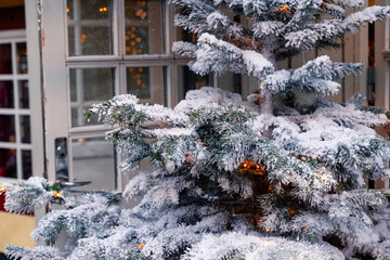 Snow covered, Christmas tree at a Christmas market in a city in Europe. Close up shot, selective focus,