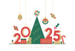 © DenKolt - Festive Happy New Year 2025 invitation card with Christmas tree, gifts, ornaments, and holiday decorations in red, green, and gold tones