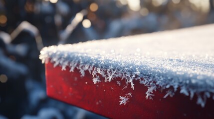 Fototapete - Fresh snow covers the edge of a vibrant red wooden surface, showcasing intricate frost patterns in a tranquil winter morning setting, with soft light illuminating the delicate snowflakes.