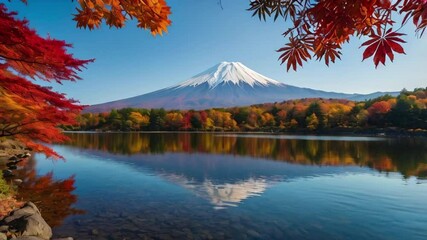 Wall Mural - Colorful Autumn Season and Mountain Fuji with morning fog and red leaves at lake Kawaguchiko is one of the best places in Japan.