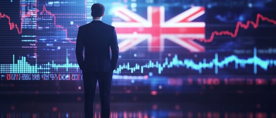 A businessman standing in front of a digital trading platform, economic growth, stock market chart, Australia finance and economy. investment trends global challenges and opportunities.
