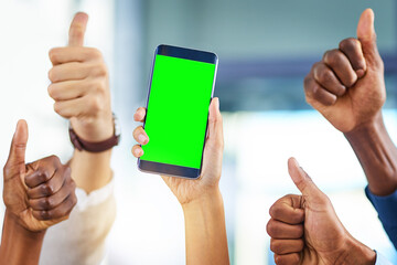Poster - Thumbs up, green screen and business people with smartphone in hands for marketing, group advertising or team promo. Chroma key, mobile or like gesture for space, mockup sign or yes for app closeup