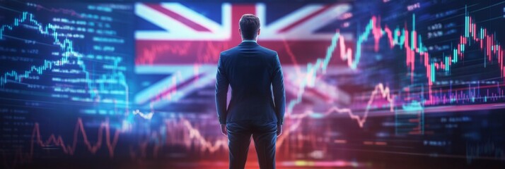 A businessman standing in front of a digital trading platform, economic growth, stock market chart, Australia finance and economy. investment trends global challenges and opportunities.
