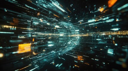 Poster - Abstract Digital Tunnel with Glowing Lines and Data Stream