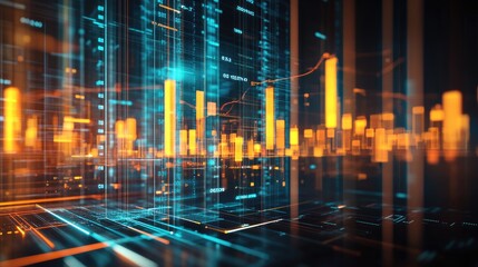 Poster - Abstract Digital Data Visualization with Glowing Orange and Blue Bars and Lines