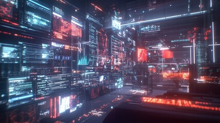 Poster - Futuristic Cityscape of Interconnected Data Screens
