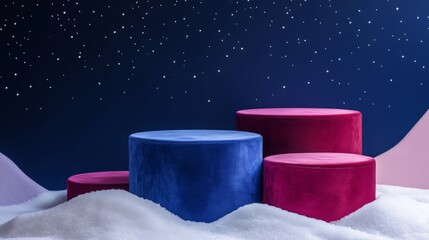 Aufkleber - A striking display features round velvet seating in shades of blue and pink placed on a white, snow-like surface. The starry night sky creates a magical atmosphere, enhancing the scene's charm.