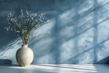 Canvas Print - Serene Still Life: A Vase with Blossoms Against a Soft Blue Wall