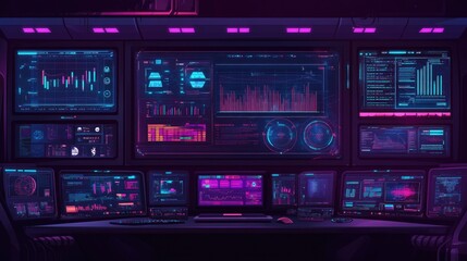 Poster - A futuristic command center with multiple computer screens displaying data and graphs in neon blue and pink hues.