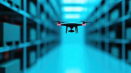 Poster - Futuristic Warehouse with Drones Scanning Shelves, 3D illustration