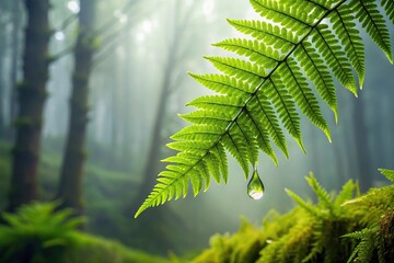 A dripping chartreuse plant sap flows down a fern-like green plant stem in a misty forest environment, plant sap, fern, dripping