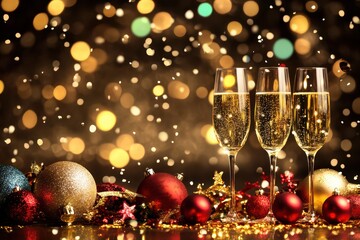 Sparkling champagne toast with festive Christmas decorations backdrop