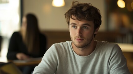 Wall Mural - young man at a round table, focused in discussion, soft background blur