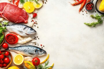 Wall Mural - Fresh seafood meat ingredients on white textured background