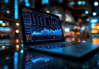 Poster - laptop displaying stock market data on a nighttime desk