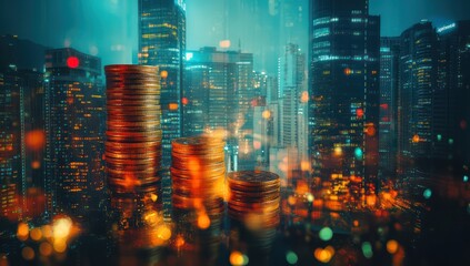 Poster - Stack of Coins Overlooking Illuminated City Skyline