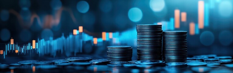 Poster - Stack of Coins with Financial Graph in Background