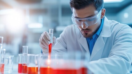 Poster - scientist conducting a chemical experiment in a laboratory with various scientific glassware and equ